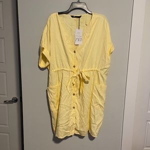 NWT Zara Yellow Button Down Front Tie Dress